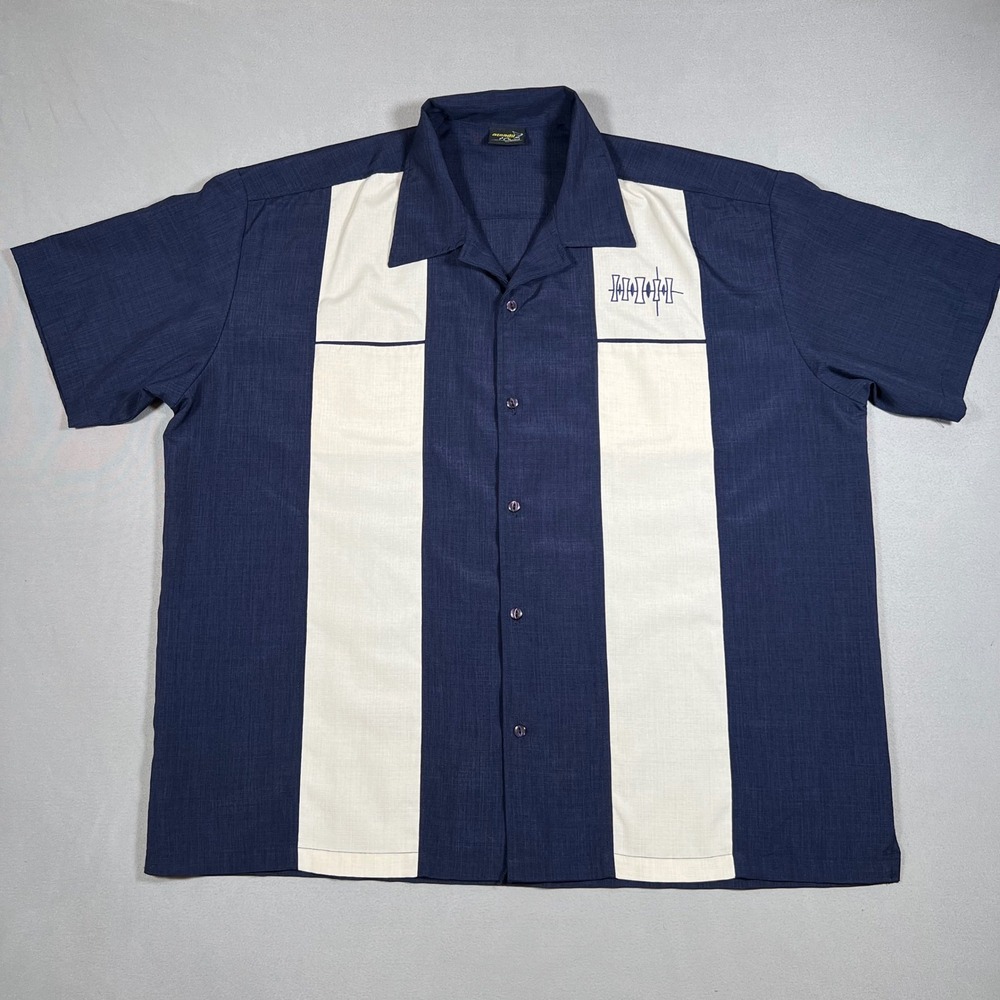 Steady Classics Bowling Shirt Mens 2XL Navy Blue Cream Rockabilly Made in USA